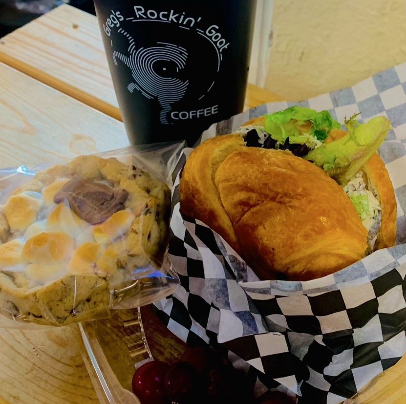 Rocking Goat Coffee cappuccino and pastry