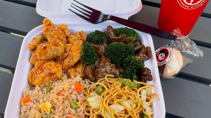 Panda Express orange chicken, chow mein, and fried rice